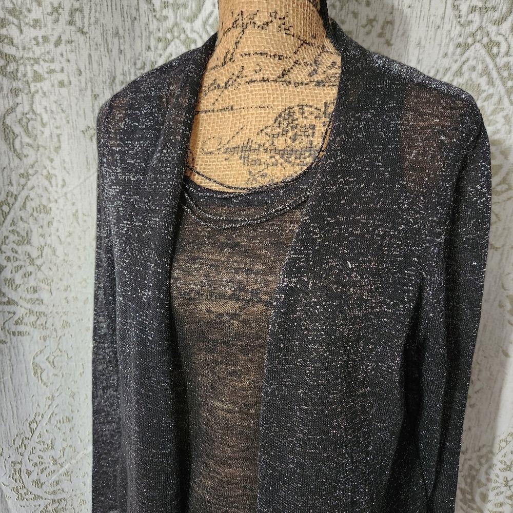 Eileen Fisher Metallic Knit Cardigan Tank Top 2 pc Set Black Size L